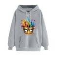 thumbnail image 3 of VBTAPA Womens Mardi Gras Hoodies Funny Mask Graphic Hooded Sweatshirt Carnival Themed Print Long Sleeve Drawstring Pullover Hoodie Holiday Hoody Tops Gray L, 3 of 6