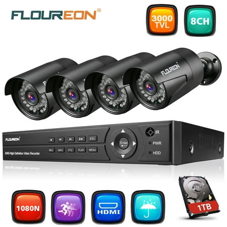 FLOUREON 8CH Security Surveillance DVR System + 4 Pack CCTV Camera (8CH 1080N AHD 3000TVL+1 TB (Best Security Camera Set)