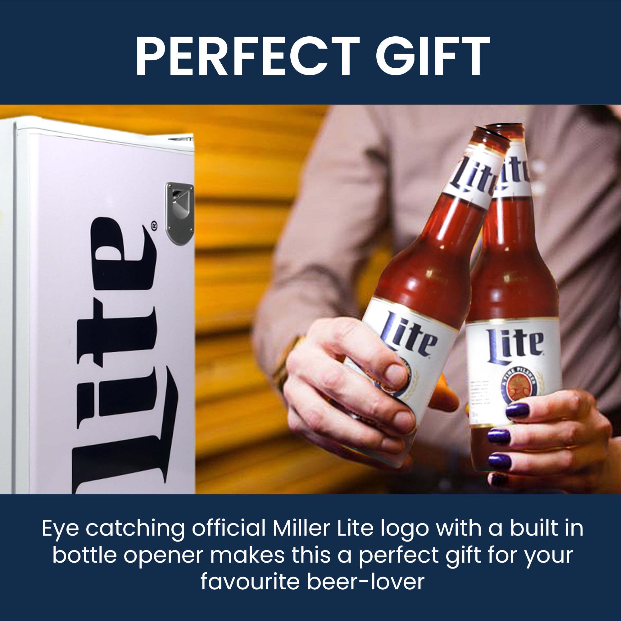 Miller Lite Compact 90 L Fridge with Bottle Opener, White