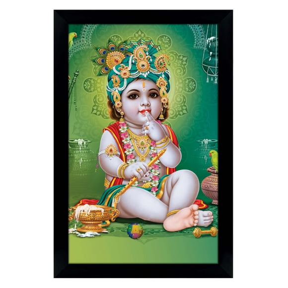 IBA Indianbeautifulart Makhan Chor Baby Krishna Picture Frame Religious Poster Black Wall Frame Deity Photo Frame Wall Decor For Home/ Office/ Temple-6 x 8 Inches