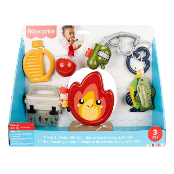 Fisher-Price Mini Me Moments Camp & Crinkle Gift Set, 7-Piece Fishing & Hiking Baby Activity Toys