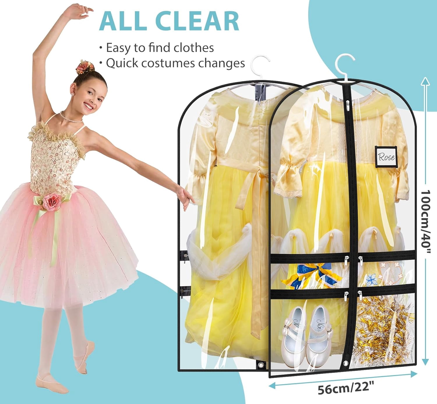 6 Packs Clear Dance Garment Bags for Dancers with 4 Pockets, 40" Kids Dance Costume Garment Bag for Travel and Dance Competition, Hanging Clothes Storage for Dress, Uniform, Black