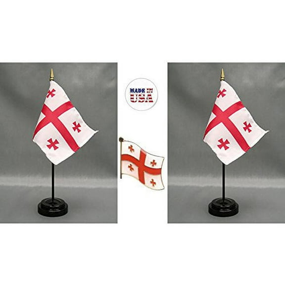 Made in The USA. 2 Georgia Republic Rayon 4"x6" Miniature Office Desk & Little Hand Waving Table Flags Includes 2 Flag Stands & 2 Small Mini Georgia Stick Flags, Includes Georgia Flag Lapel Pin.