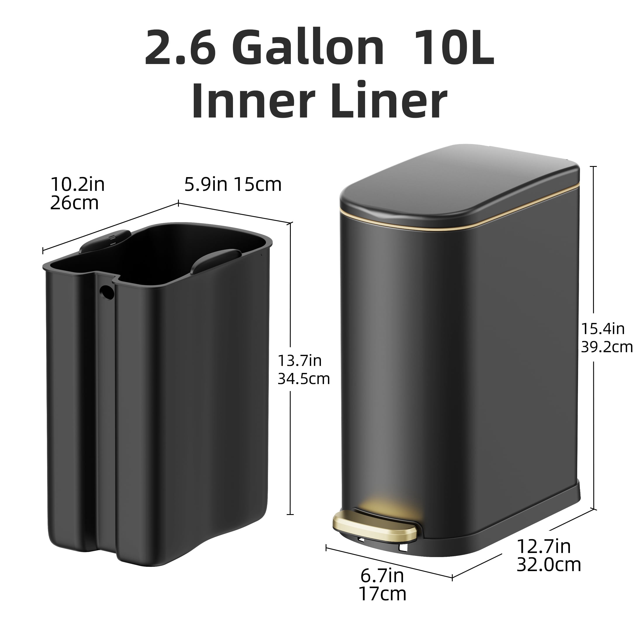 KSSKSS 2.6 Gallon/10L Slim Stainless Steel Bathroom Trash Can with Soft Close Lid, for Narrow Spaces,Bathroom, Bedroom (Black)