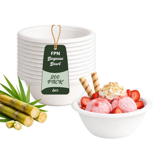 FPN Disposable Paper Bowls 200 Pack 6 oz, Compostable Heavy-Duty – Eco-Friendly, Bagasse Bowl for Soup, Salad, Dessert & More