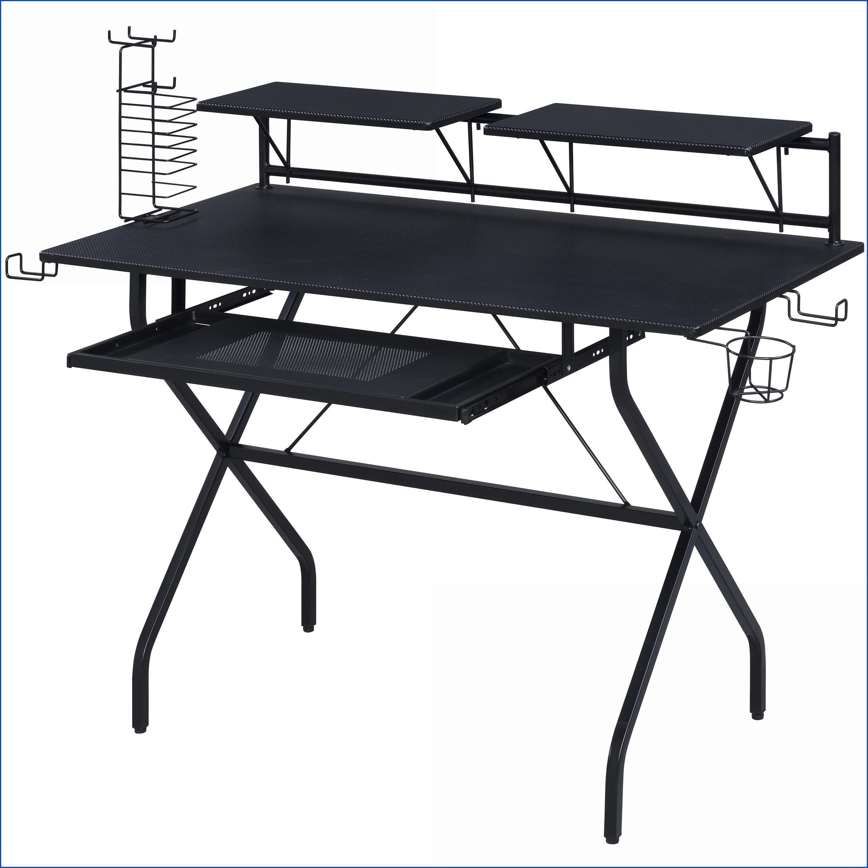 Desks, Industrial Black Wood & Metal Computer Desk with Keyboard Tray, Headset Hooks & Game Rack | 47.5” Wide | Black | Wood+Metal