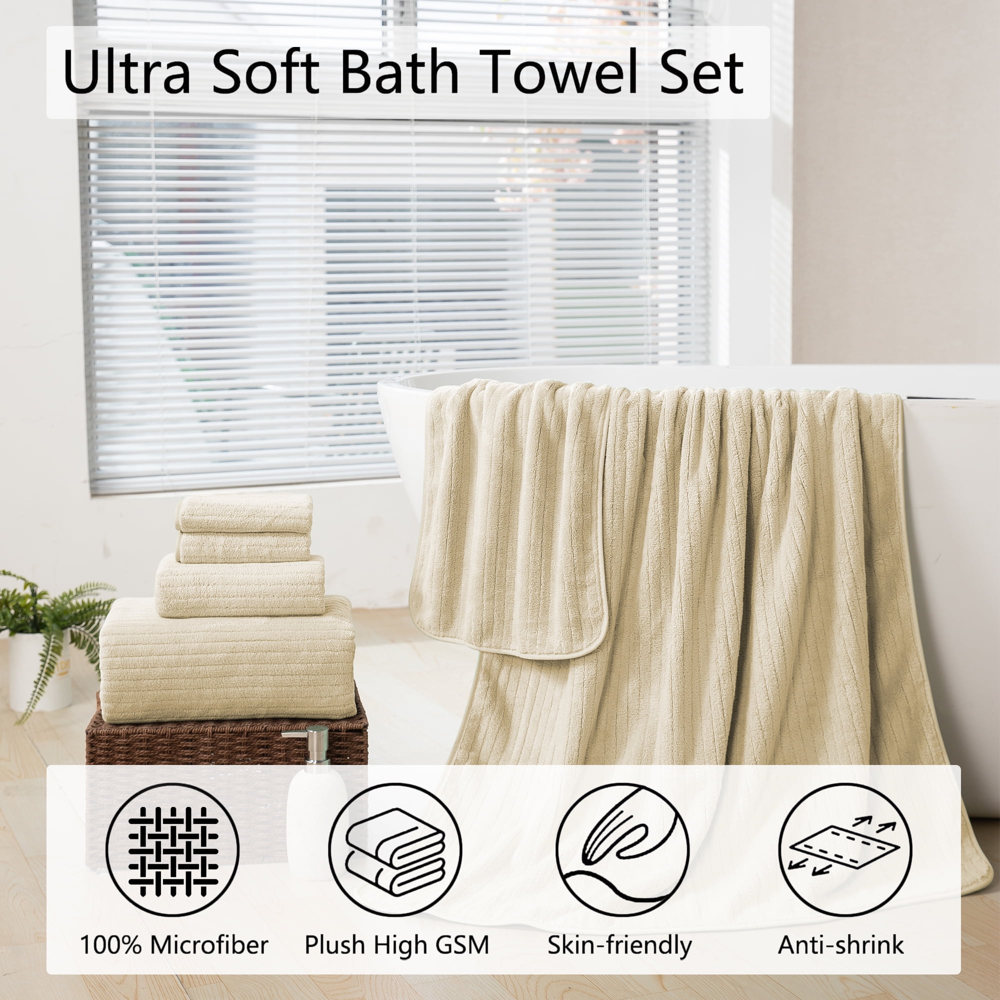 Jessy Home 4 Pack Camel Stripe Large Bath Towels Set Oversized Bath Sheet Soft Towel Set