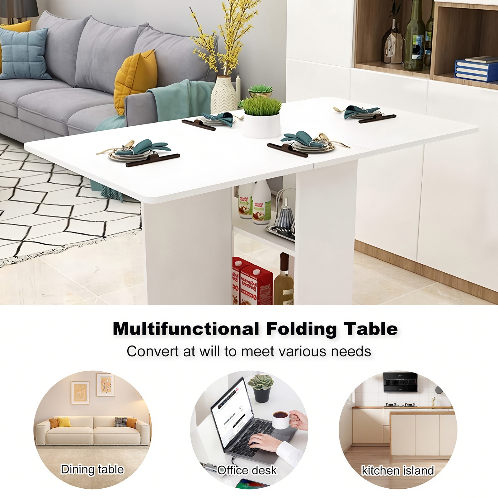 PORKISS Folding Dining Table, Space Saving Versatile Dining Room Table, Folding Kitchen Table with Wheels, Storage Shelf for Small Apartment, White (Only Table)