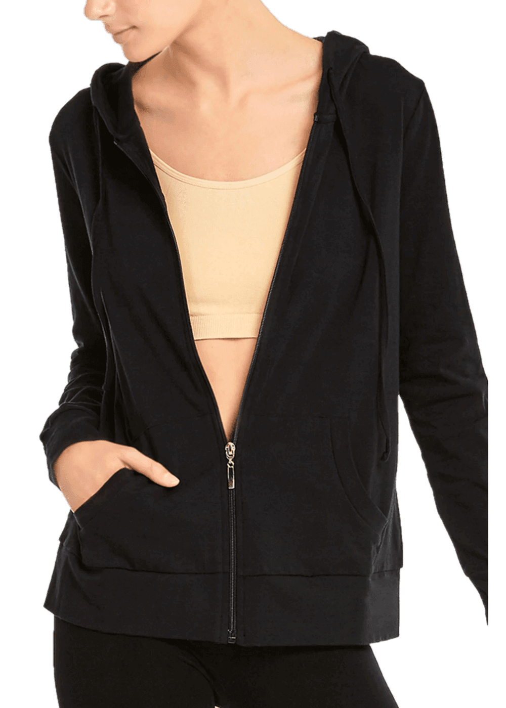 Women's Active Casual Thin Cotton Zip Up Hoodie Jacket, Black L, 1 Pack