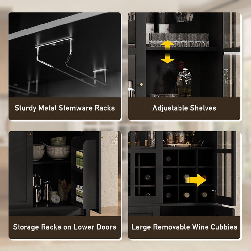 Tall Wine Storage Cabinet with Glass Doors, Freestanding Home Bar Pantry Cabinet with Goblet Rack & 18-Bottle Grid