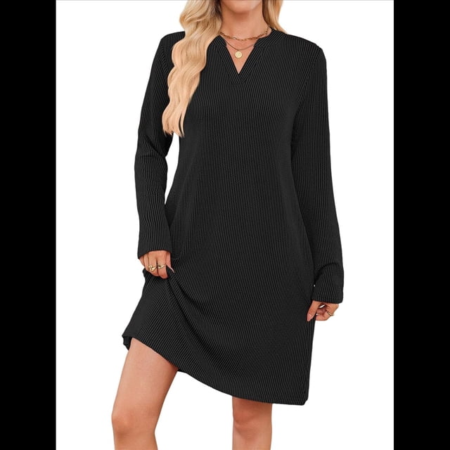 Vestido Informal de Larga con Bolsillos y Cuello en V para Mujer, Holgado, para Otoño e Invierno Negro XL