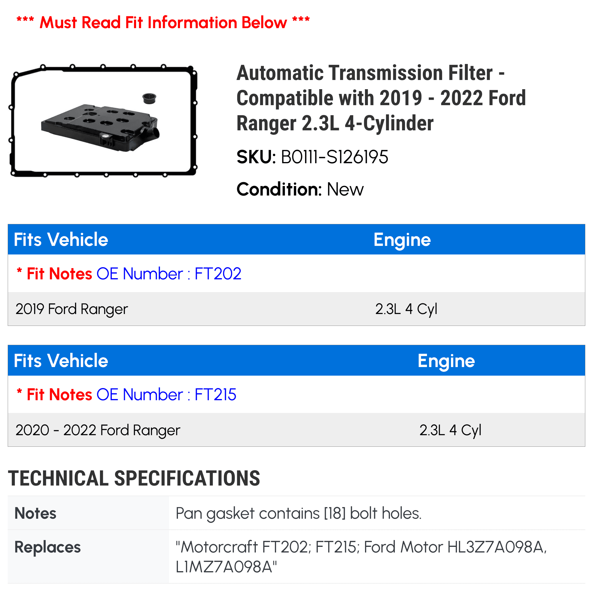 Automatic Transmission Filter - Compatible with 2019 - 2022 Ford Ranger 2.3L 4-Cylinder 2020 2021