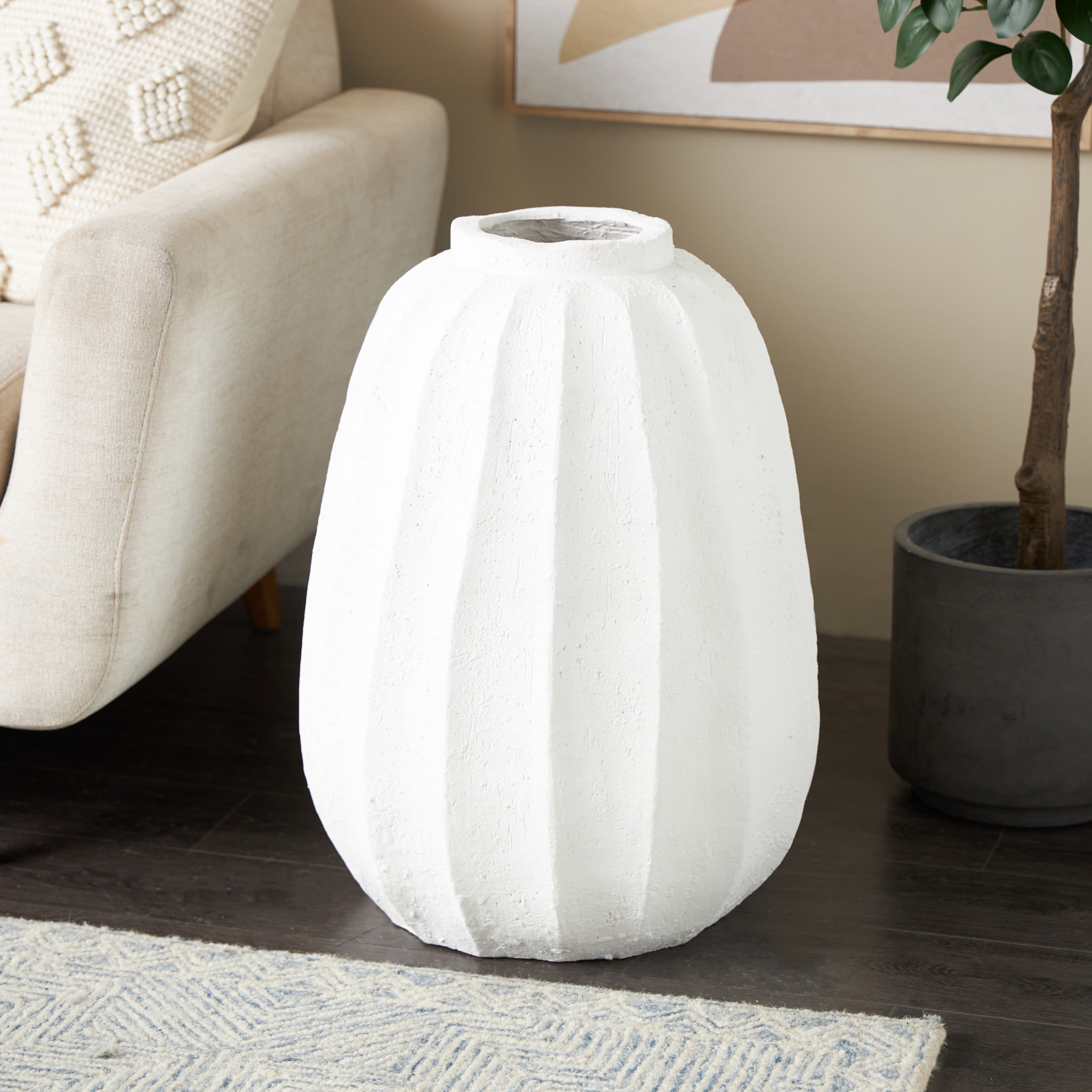 DecMode 23" Wide White Magnesium Oxide Vase with Carved Grooves