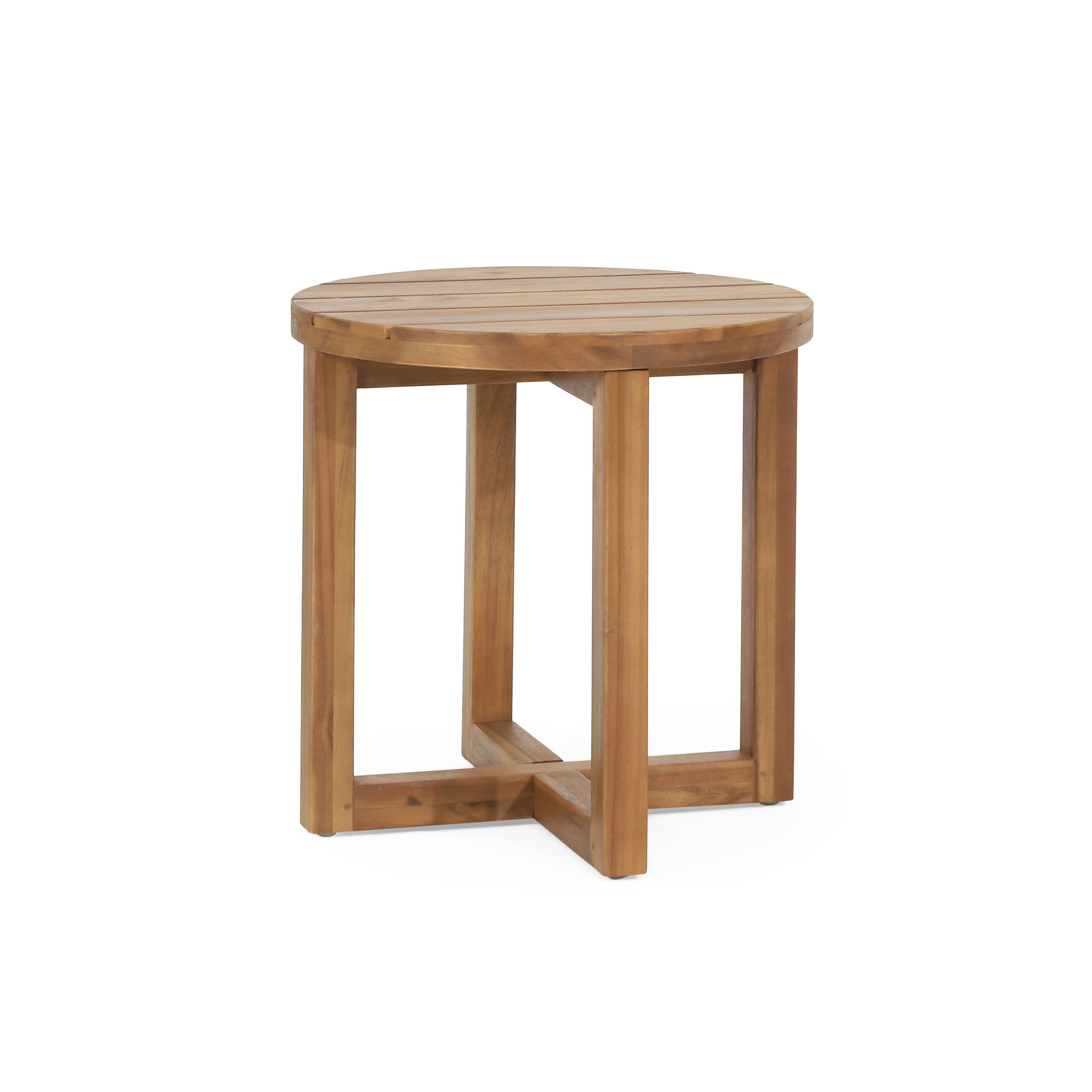 Euroco Round Outdoor Side Table, Solid Acacia Wood with Slatted Top and Cross-Leg Base, Patio Accent Table for Backyard or Balcony