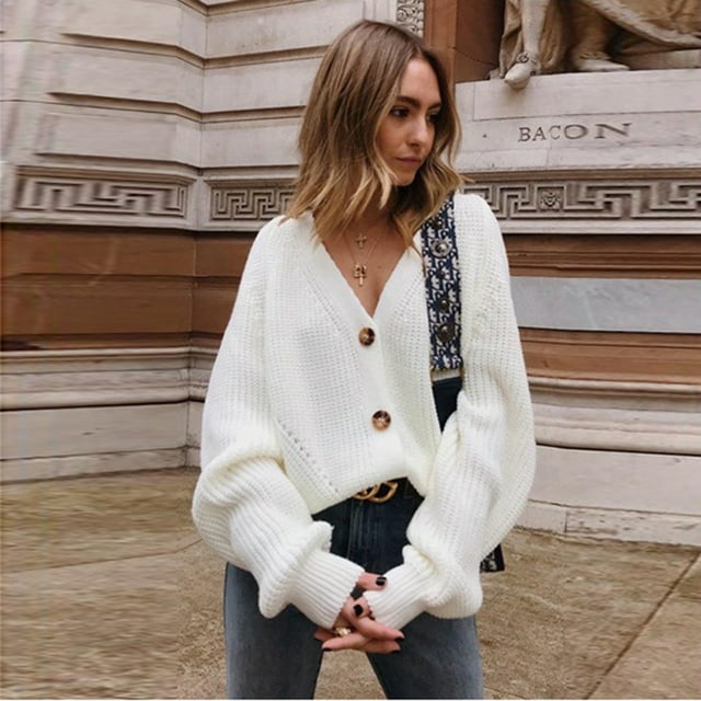 Cardigan Basique à Manches Lanternes en Tricot Boutonné Col en V pour Femmes