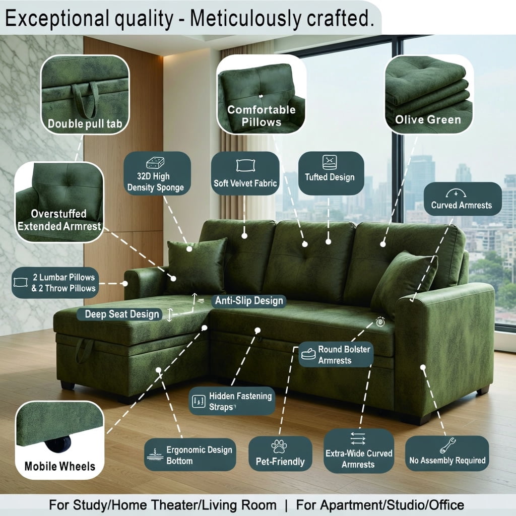 Hommoo L-Shaped Sleeper Sectional Sofa with Pull-Out Bed, Reversible Chaise & Hidden Storage, Convertible Living Room Furniture for Small Spaces, Olive Green