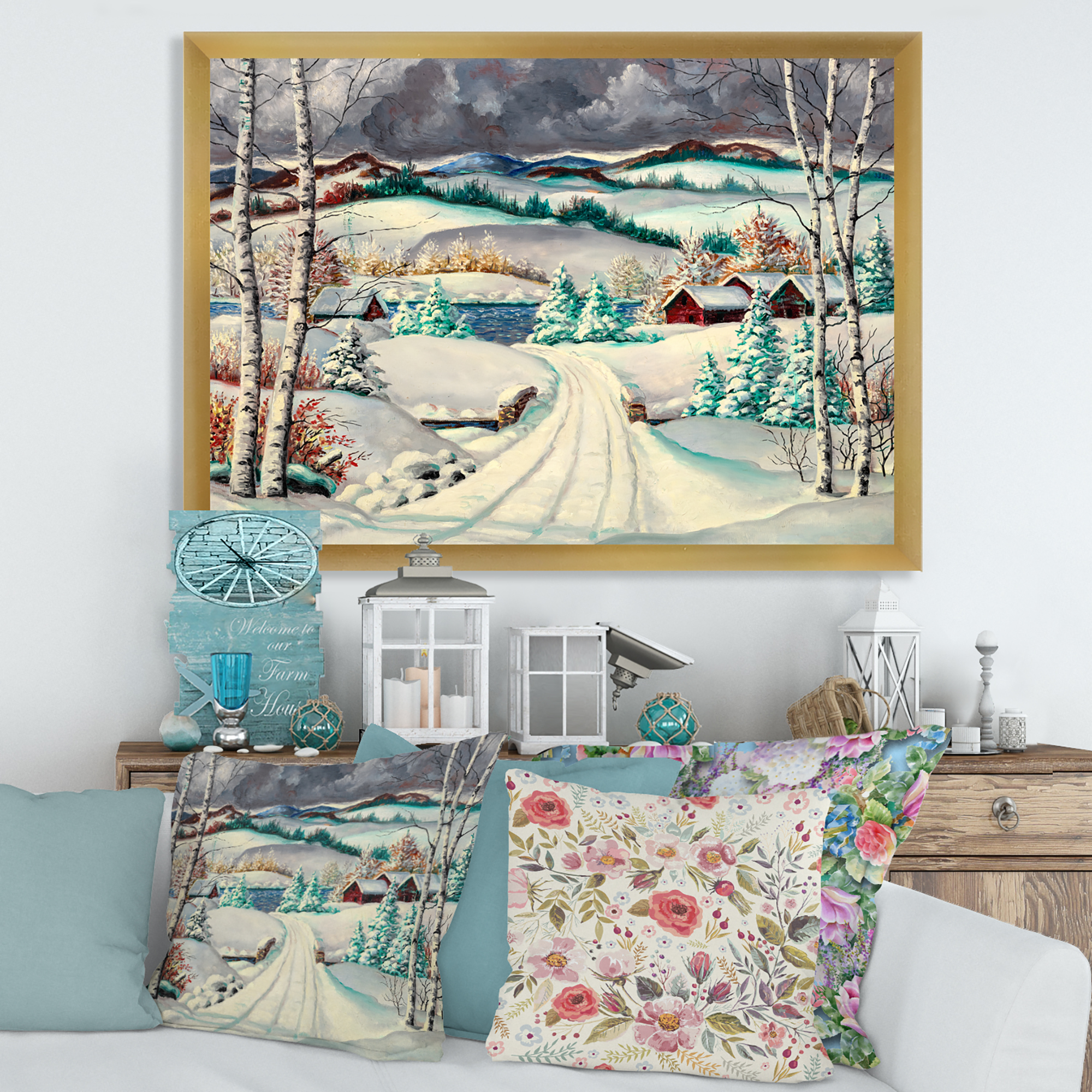 Designart 'Snowy Road In Countryside Winter Landscape' Traditional Framed Art Print
