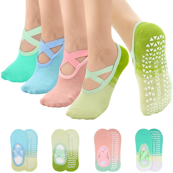 Bocaoying 4 Pairs Straps Pilates Socks,Gradient Colors Cotton Yoga Socks with Grips for Women Non Slip, Workout, Barre, Ballet, Dance, Hospital Socks