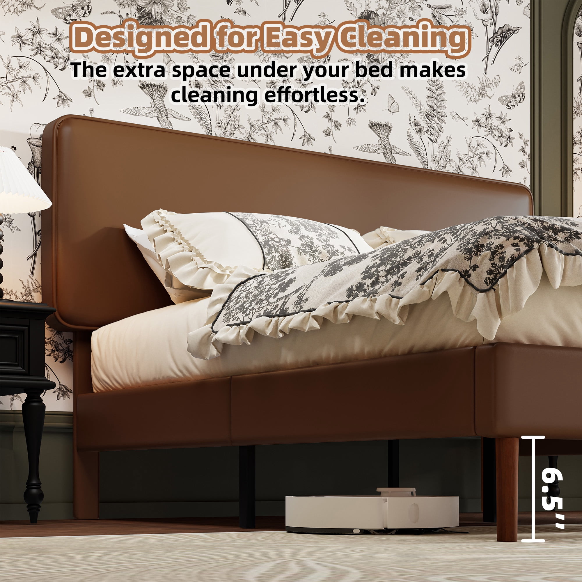 Frostbloom Full Bed Frame, Upholstered Faux Leather Platform Bed with Adjustable Headboard, Dark Brown