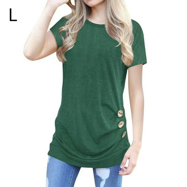 T-shirt pour Femmes à Col Rond, Manches Courtes, Haut Uni, T-shirt à Boutons Ronds, Vert, G