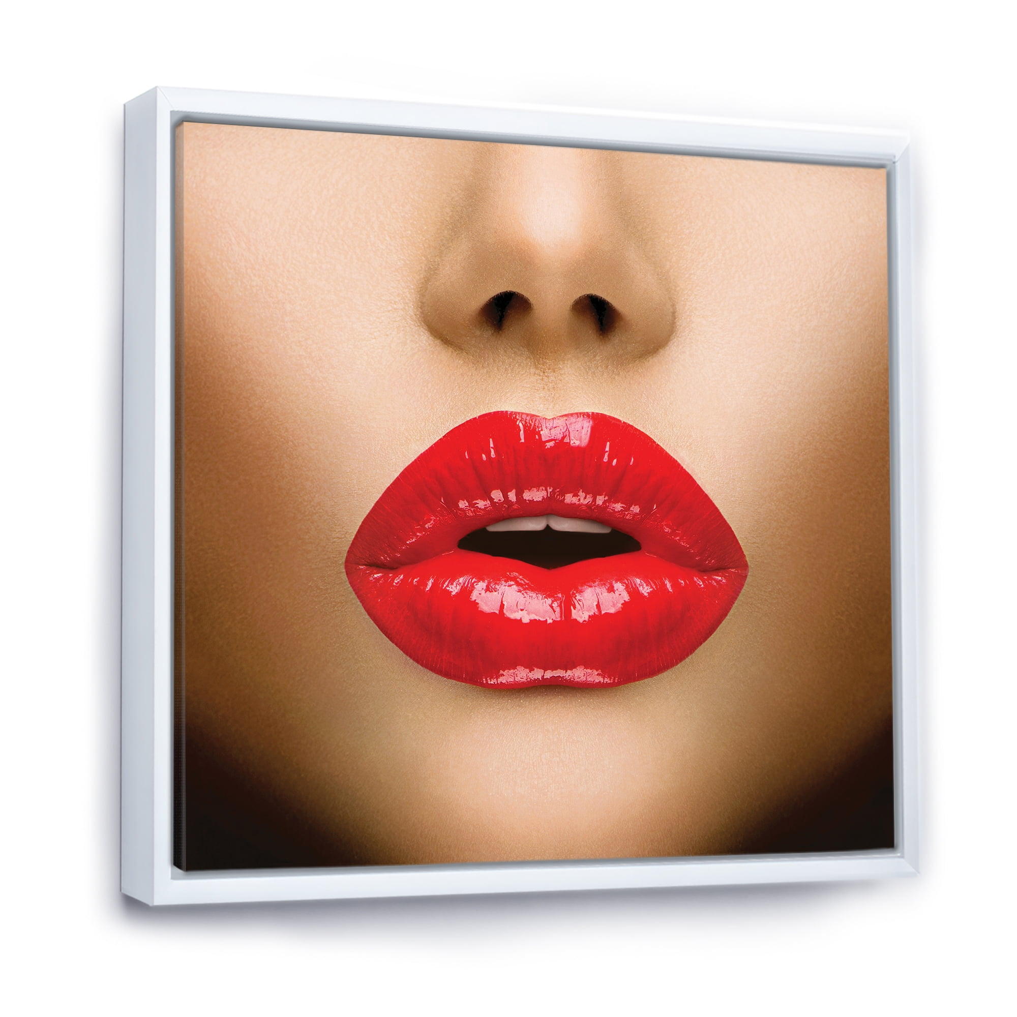 Designart 'Sexy Woman Lips Beautiful Make-Up Close-Up Kiss' Modern Framed Canvas Wall Art Print