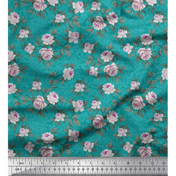 Soimoi Cotton Voile Fabric Leaves & Rose Floral Print Fabric by Yard 42 Inch Wide