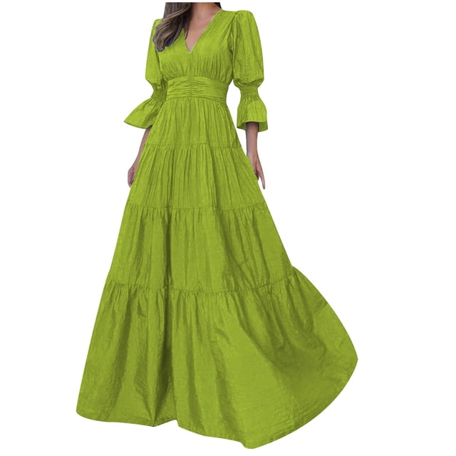 FAIWAD Robe Maxi pour Femmes à Manches Longues Bouffantes, Robe à Col en V, Volants, Ligne A, Invitée de Mariage, Fête, Cocktail
