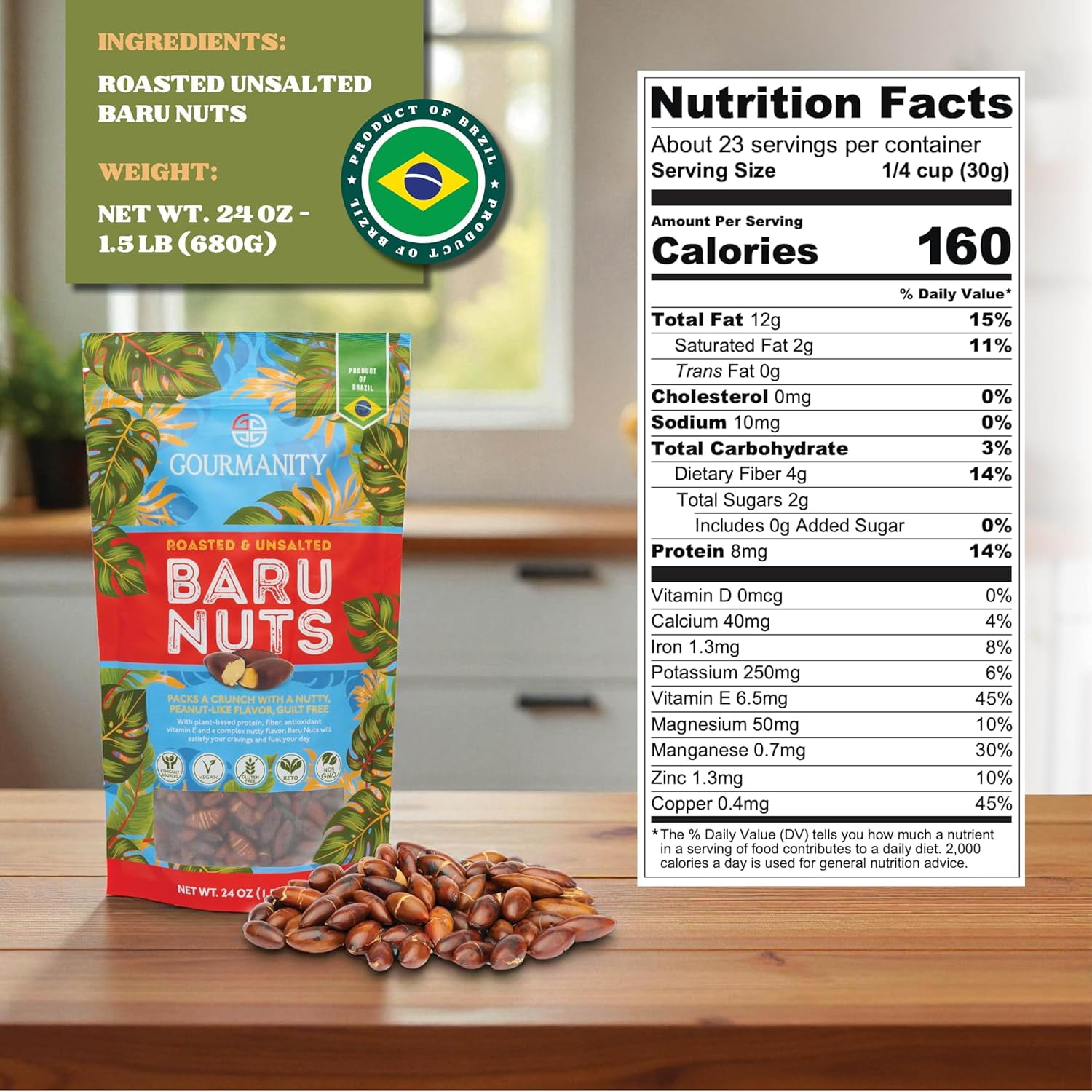 Gourmanity Brazilian Baru Nuts, Complex Nutty Flavor, High in Protein, Vitamin E and Omega 6 & 9, Roasted and Unsalted, 1.5 LB