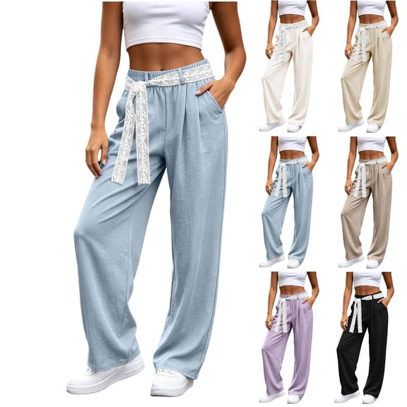 LIaqionyy Women's Straight Leg Pants Drawstring Elastic Waist Casual Lightweight Fashion Trousers with Pockets