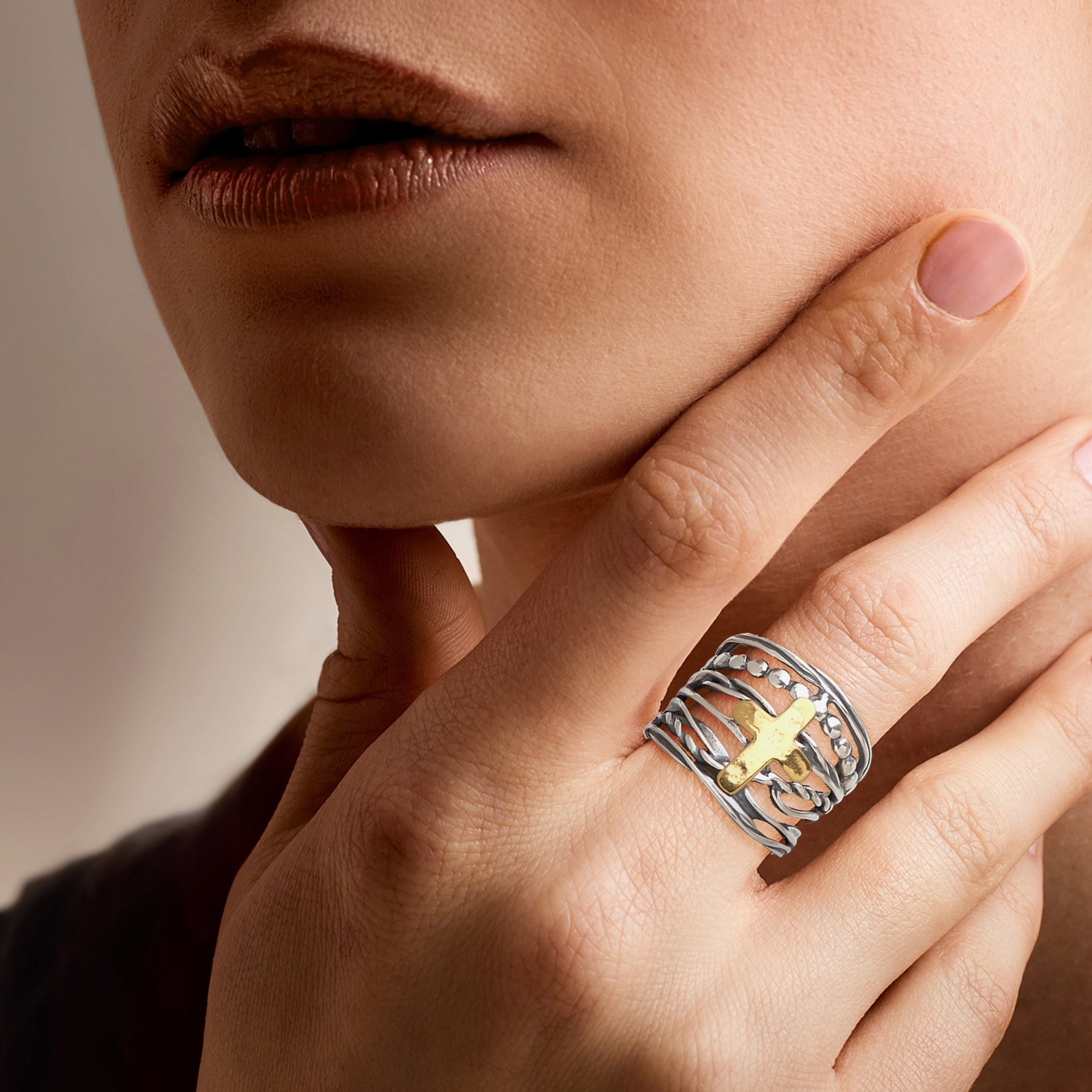Ross-Simons Sterling Silver and 14kt Yellow Gold Multi-Row Cross Ring, Women's, Adult
