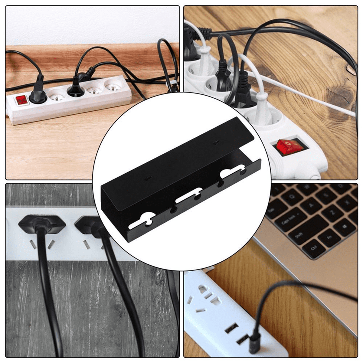 Under Desk Cable Management Tray Self-Adhesive Desk Cable Organizers Perforated Design Cable Hider Strip Holder Black
