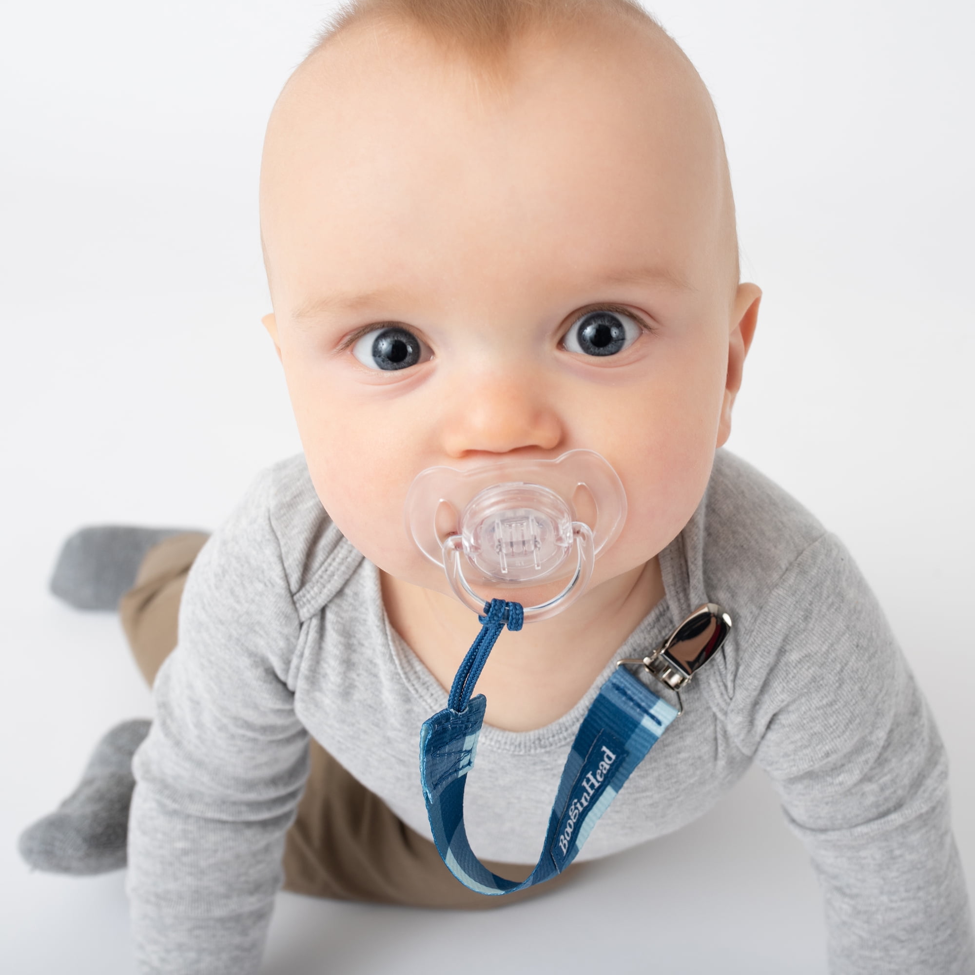 BooginHead Universal Pacifier Holder Stuffed Animal, Infant Toddler Boys and Girls, Blue Elephant