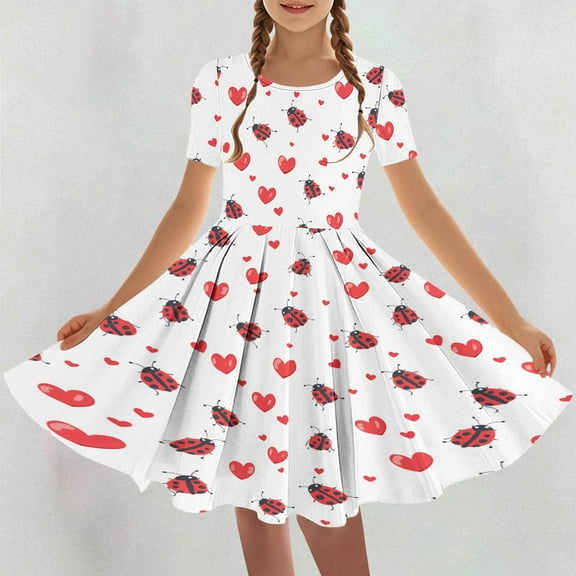 Juslio Dresses for Girls Knee Length Short Sleeve Round Neck Casual Summer Beach A-line White Sundress