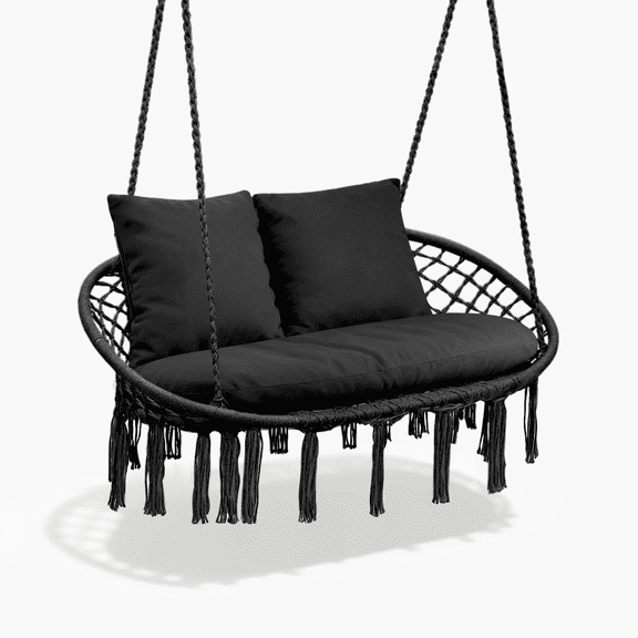 OSM 2-Seat Macrame Hammock Chair with Plush Cushion, Indoor Outdoor Hanging Boho Swing for Patio Porch Living Room, High Weight Capacity, Black