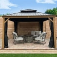 thumbnail image 6 of Domi Outdoor Living 12’x12’ Hardtop Gazebo with Wooden Coated Aluminum Frame, Galvanized Steel Double Roof, Curtains & Netting for Patio, Deck & Lawn,Wood Looking, 6 of 8