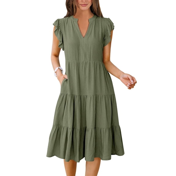 Womens Summer Dress Ruffle Sleeve V Neck Midi Dresses Tiered Boho Beach Sundress Green S