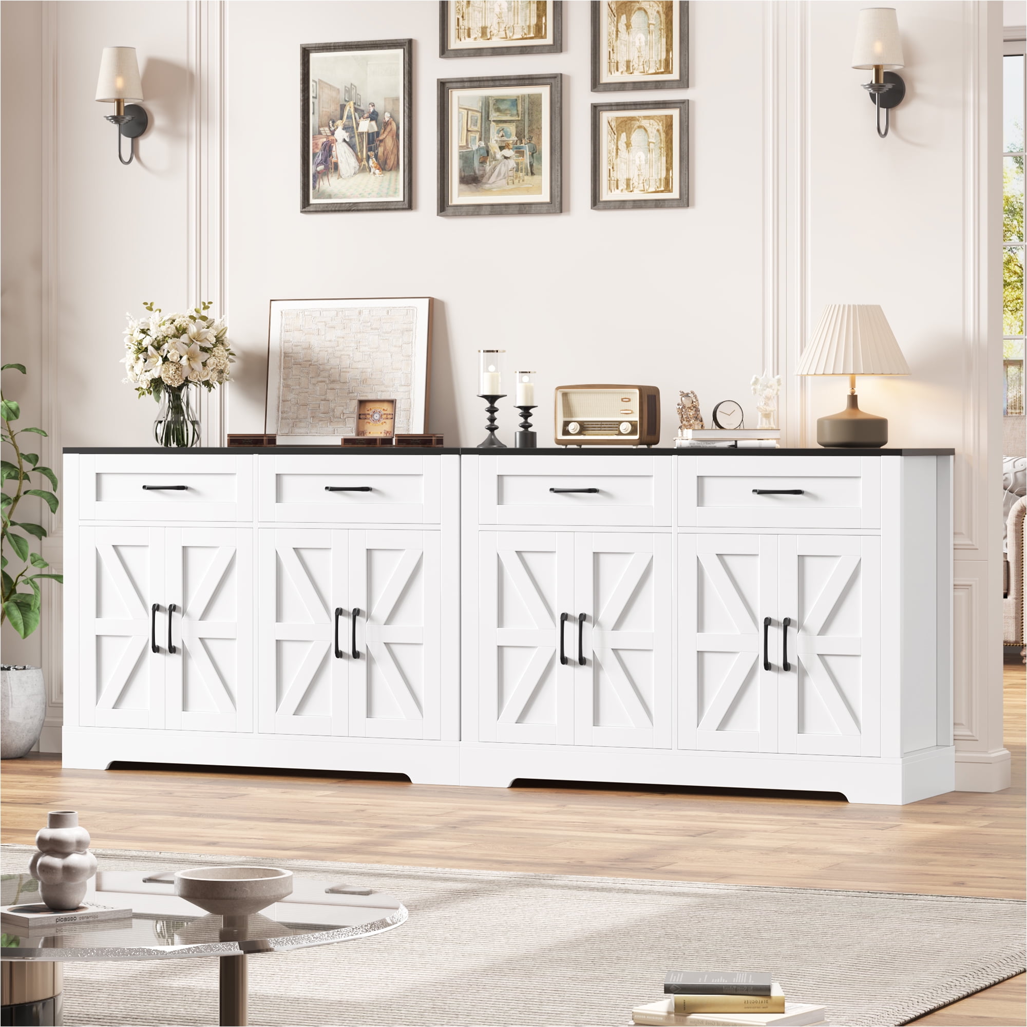 Homfa Buffet Cabinet with 2 Drawers and 4 Doors, Kitchen Sideboard Storage Cabinet, Farmhouse Coffee Bar Cabinet for Dining Room, White & Brown, Black & White