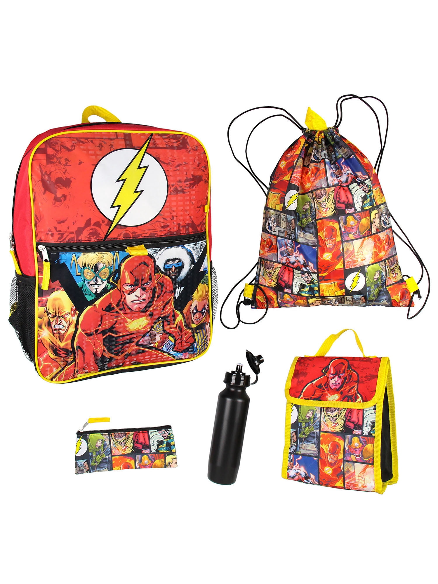 DC Comics The Flash 16" Backpack Cinch Bag Water Bottle Lunch Tote 5 Pc Set