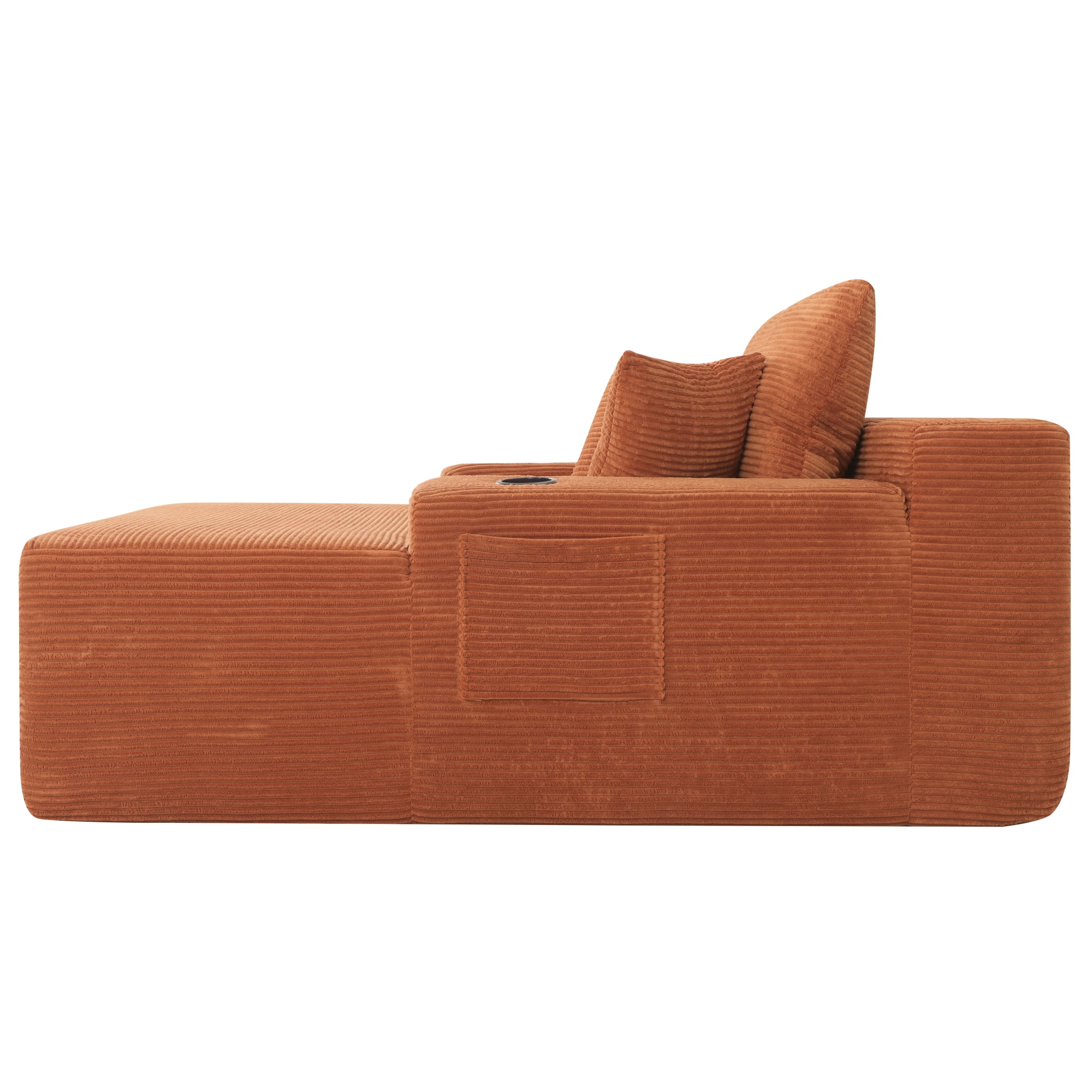 Leumius Oversized Chaise Lounge Chair Indoor,Upholstered Corduroy Cloud Couch Boneless Sofa Bed with Wide Armrest & Throw Pillows,Cup Holder for Living Room,Bedroom,No Assembly Required,Orange