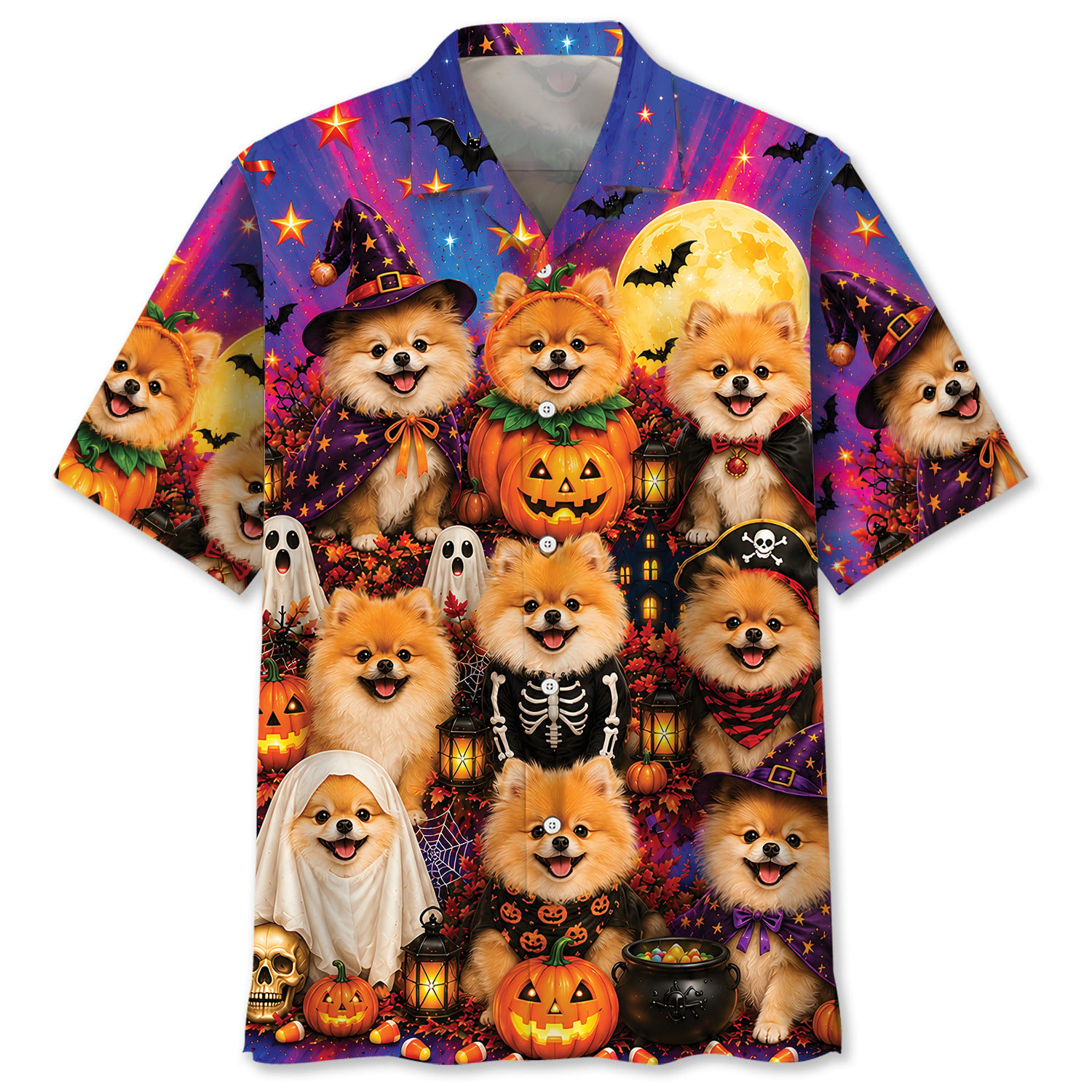 DIQADILA Pomeranian Hawaiian Shirt Short-Sleeve Funny Colorful Print Unisex Halloween