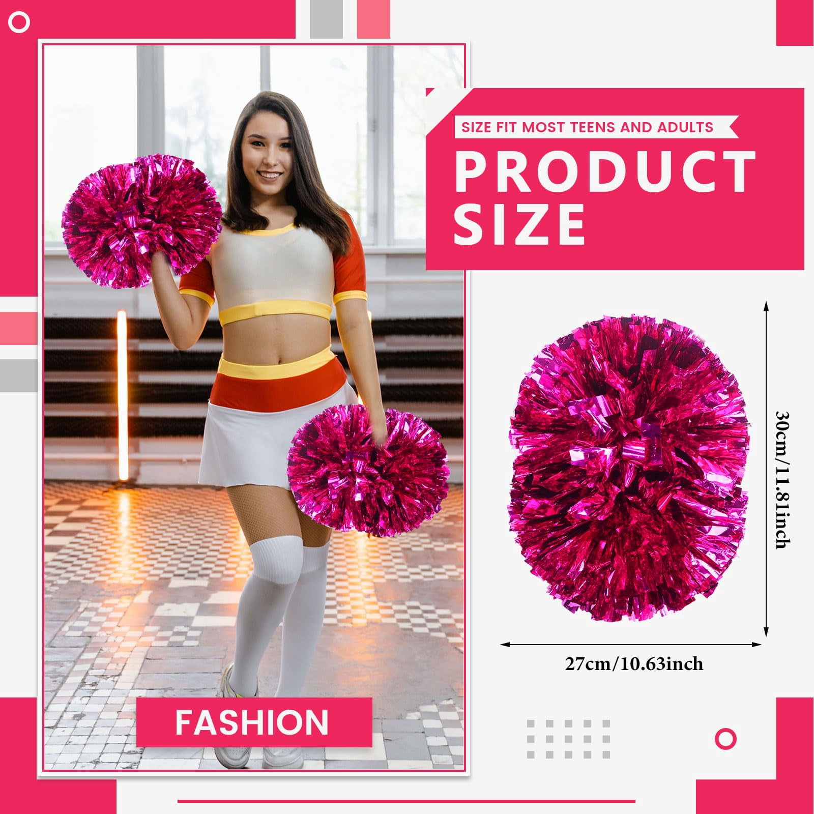 Pom Poms Cheer 8 Pcs with Handle, Cheerleading Handheld Squad Pompoms for Sports Team Spirit Games Dance Party Adults
