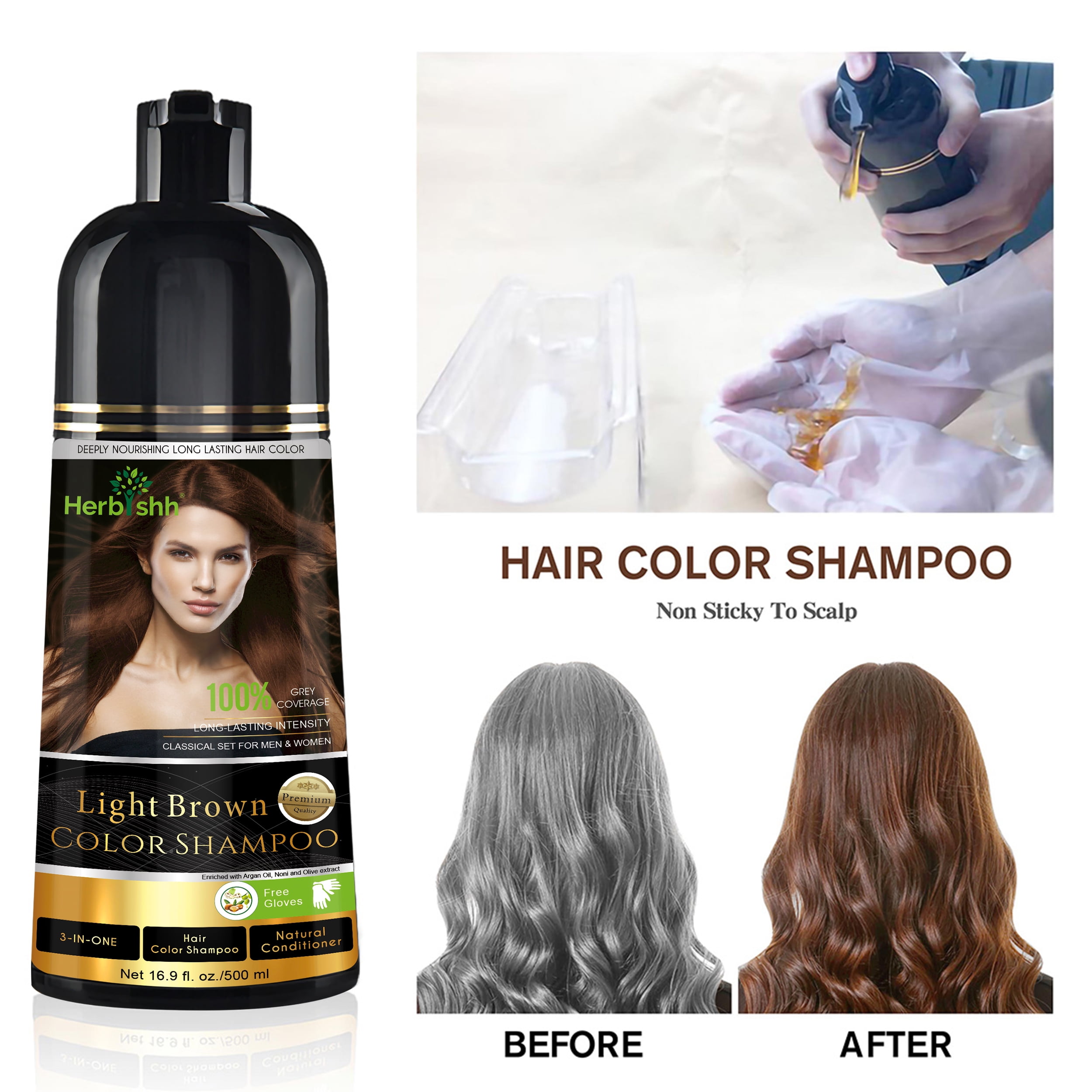 Herbishh Light Brown Hair Dye Shampoo 500ml, Long Lasting Color Shampoo for Grey Hair, 3-in-1 Natural Hair Dye, Ammonia-Free Formula, Hair Color for Women & Men,