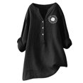 thumbnail image 2 of Ladies Plus Size Cotton Linen Blouses for Women Summer Solid Dandelion Print Loose Casual 3/4 Roll Sleeve V Neck Button Up Tees Shirts, 2 of 3