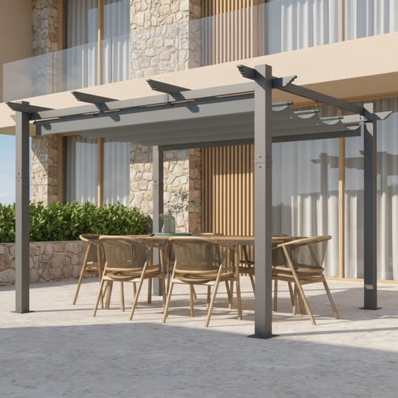 U-HOMY 10' x 12' Outdoor Pergola with Retractable Canopy, Heavy-Duty Metal Frame, Adjustable Shade Roof, Gray/Khaki