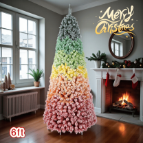 Tcbosik 6FT Unlit Artificial Rainbow Gradient Christmas Tree with 1326 Branch Tips, Flocked Xmas Tree with Metal Stand, Perfect for Indoor Holiday Decoration, Colorful