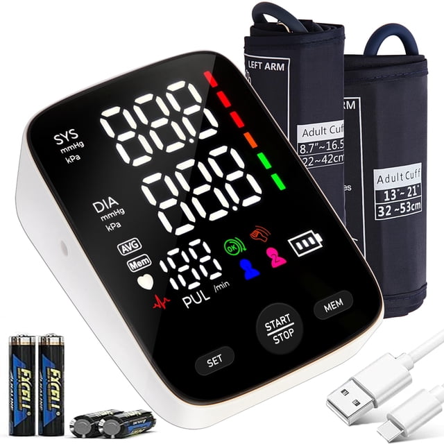 Tensiómetros EfficVerwal para uso doméstico. Brazalete de presión arterial de dos tamaños: extragrande (13"-21") y mediano (8.7"-16.5"). 2 usuarios, 240 memorias. Tensiómetro digital LED automático y