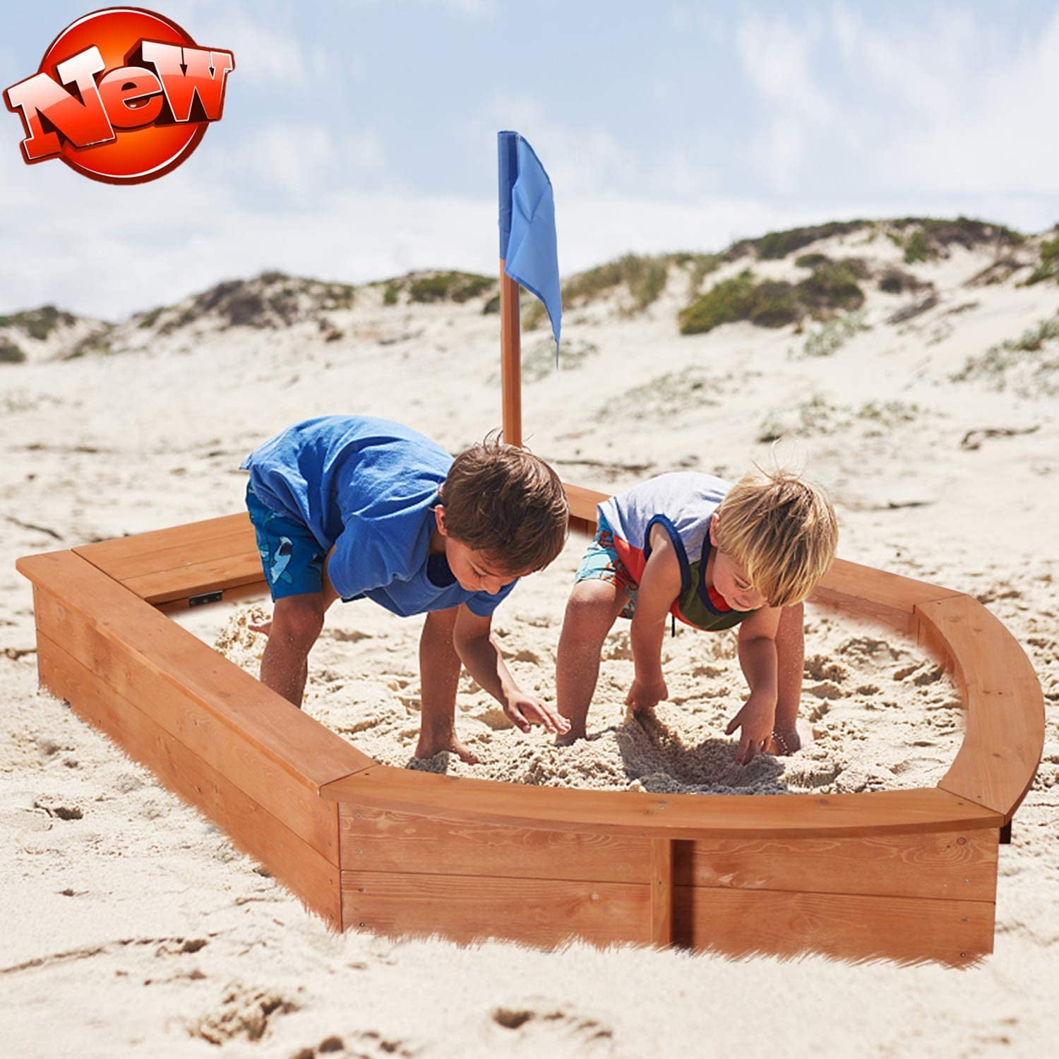 Wood Sandbox for Kids, Wooden Pirate Sandboat Covered Sandboxes Bench
