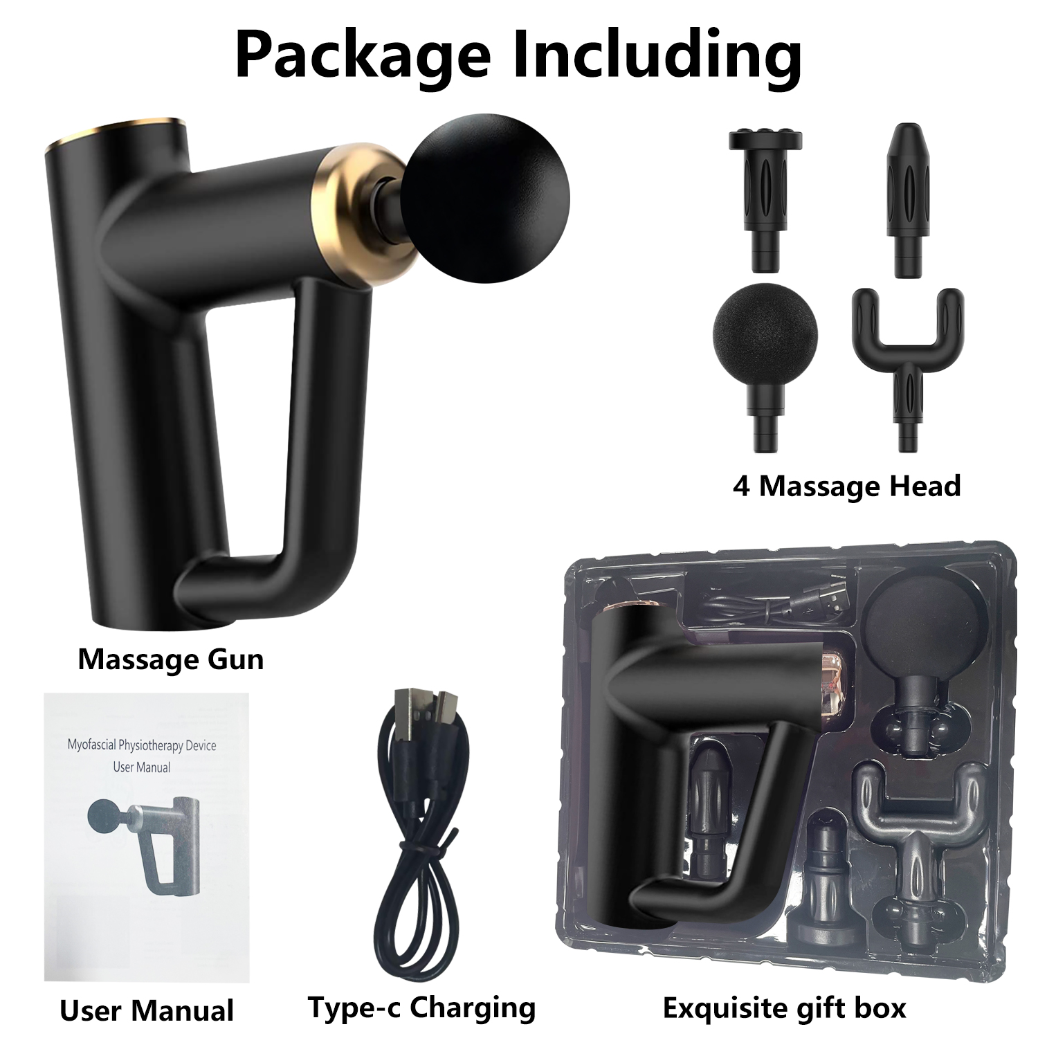 Syenll Massage Gun, Massage Gun Deep Tissue, Percussion Massage Gun with 4 Heads and 6 Speeds, Handheld Massager for Athletes Pain Relief, Black