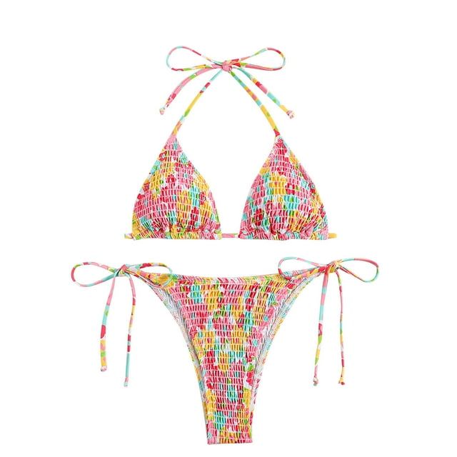 Women's Plus Size Swimsuits, Womens Triangle Bikini Set String Swimsuit Print Tie Smocked Ruched Two Piece Bathing Suit S-XL Womens Swimsuits