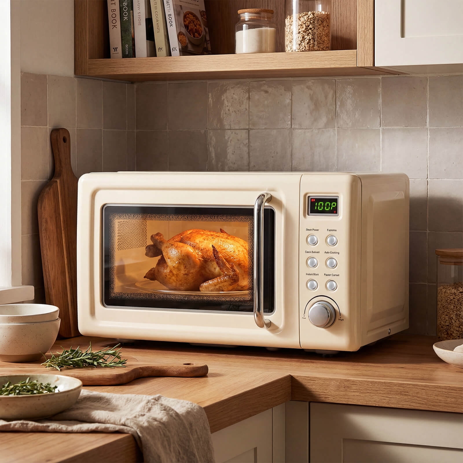 Costway 0.7 Cu.ft Retro Countertop Microwave Oven 700W LED Display Glass Turntable Off-White